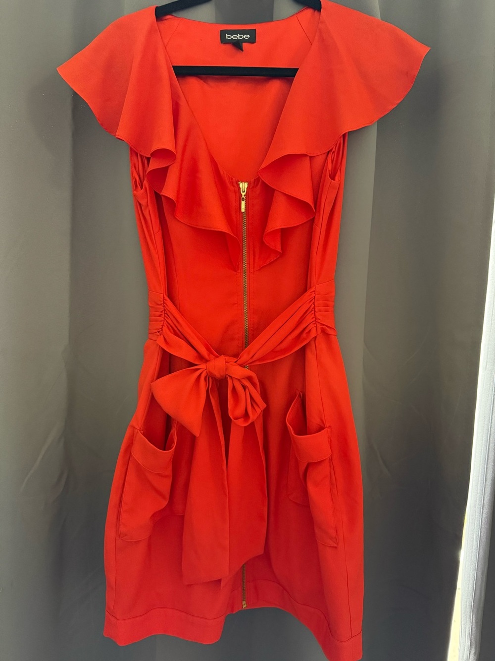 Bebe Coral Red Ruffle-Front Zip Dress